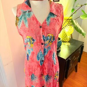 Vtg Fun Wear Pink Fish Print Tropical Button Up Sleeveless Shirt Dress